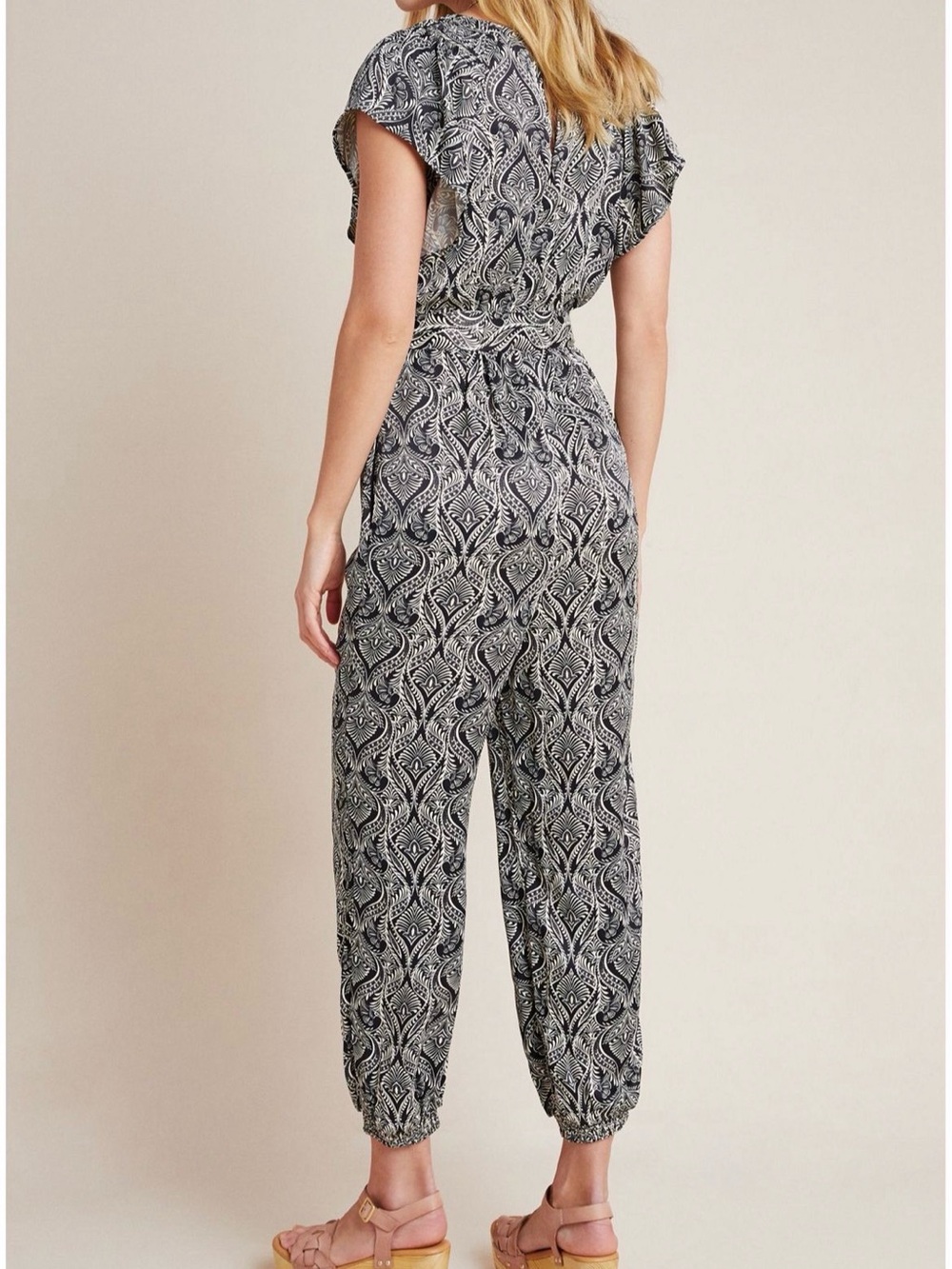Anthropologie Black & White Paisley-Print V-Neck Tie-Waist Jumpsuit - Picture 2 of 11